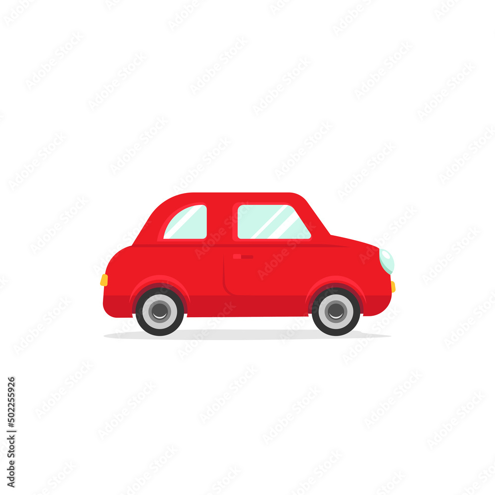 Little red cute car. Vector auto icon isolated on white background. Cartoon retro car. Road adventures, trip, journey sign. Delivery.