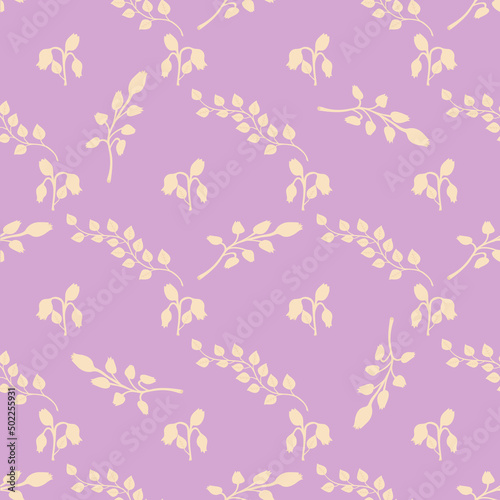 Seamless pattern of abstraction of leaves, bell flowers, branches on a bright pink background for printing