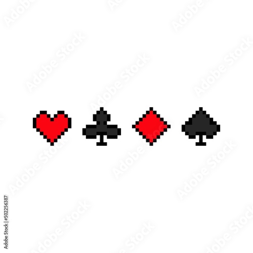Pixel card suits. Red heart and diamond with black club and spade. Gambling poker games in club and vector house