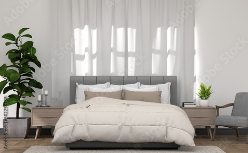 Mock up interior bedroom with furniture in modern contemporary style, use for display your product as bedroom scene. 3d illustration.
