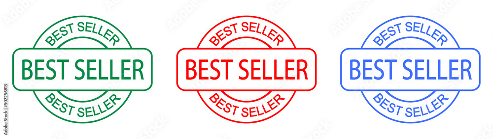 Best seller stamp. Set of round logos. Label or seal. Product quality. Bestseller cachet. Round print. Top seller. Red, blue, and green. Best seller stamp. Set of round logos. Label or seal. Product quality. Bestseller cachet. Round print. Top seller. Red, blue, and green.