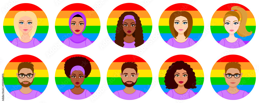 Happy pride month. Love is love, rainbow flag, lgbt pride. Racial divercity icons. Set of avatars. Arab, african, hispanic(latina) and european (caucasian) women Happy pride month. Love is love, rainbow flag, lgbt pride. Racial divercity icons. Set of avatars. Arab, african, hispanic(latina) and european (caucasian) women