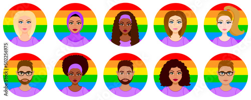Happy pride month. Love is love, rainbow flag, lgbt pride. Racial divercity icons. Set of avatars. Arab, african, hispanic(latina) and european (caucasian) women