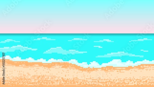 Tropical pixel beach with surf. Seascape with blue sky and glow of setting sun. White foam rolls on yellow hot sand. Colorful ocean waves creating holiday vector mood