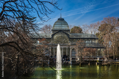 Crystal palace and lake in Retiro park, Madrid, Spain