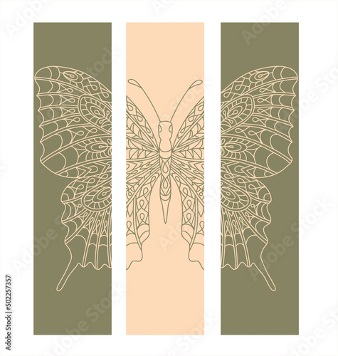 Set of bookmarks with caly tropical butterfly in pastel colors.