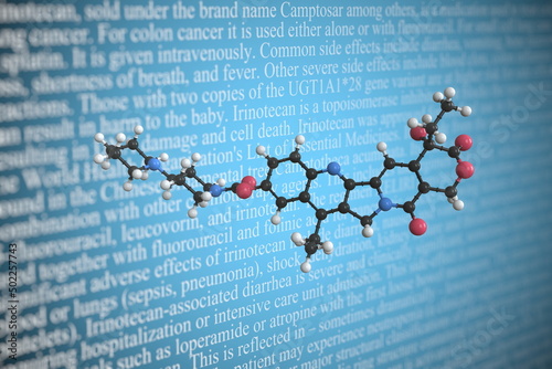 Irinotecan scientific molecular model, 3D rendering