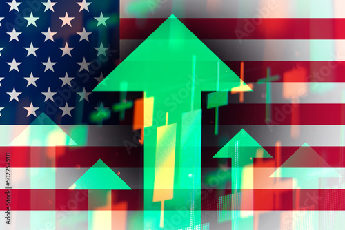 Increasing green arrows showing improvements in the economy or growth of stocks on the stock exchange in USA