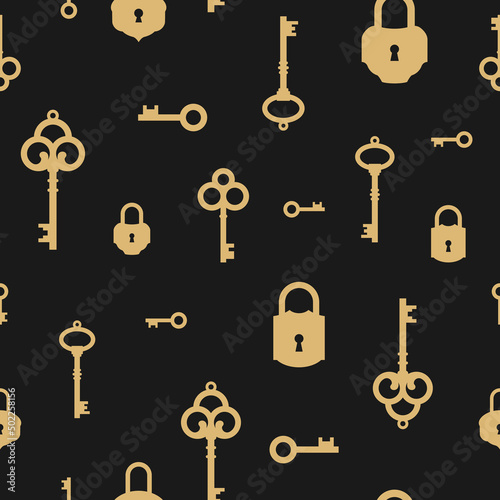 Magic keys with vintage locks. Vector retro golden pattern on black. Catch luck, tint, hint concept. Mystery or clue wallpaper.