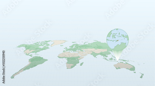 World map in perspective showing the location of the country East Timor with detailed map with flag of East Timor.