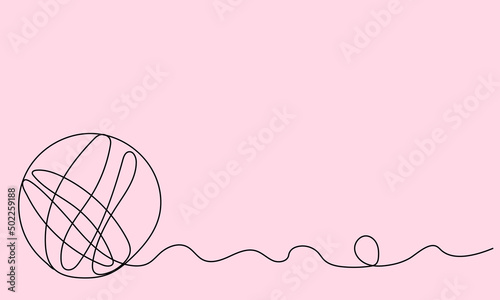 Knitting day. One continuous line of ball of thread on pink background