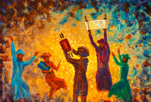 Simchat Torah painting religious holiday greeting card jewish religious holiday book torah paintings art illustration photo