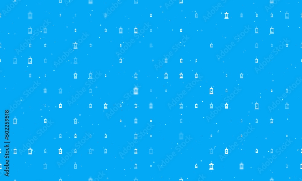 Seamless background pattern of evenly spaced white Christmas lanterns of different sizes and opacity. Vector illustration on light blue background with stars Seamless background pattern of evenly spaced white Christmas lanterns of different sizes and opacity. Vector illustration on light blue background with stars