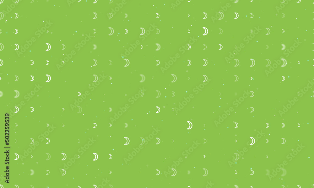Seamless background pattern of evenly spaced white moon astrological symbols of different sizes and opacity. Vector illustration on light green background with stars