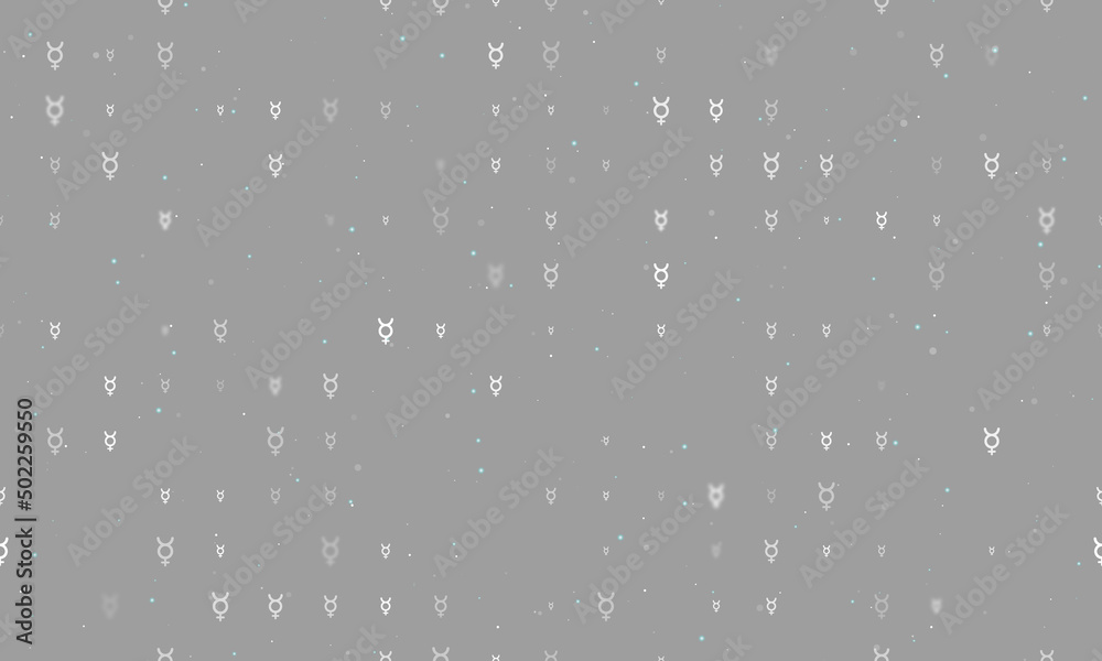 Seamless background pattern of evenly spaced white astrological mercury symbols of different sizes and opacity. Vector illustration on gray background with stars Seamless background pattern of evenly spaced white astrological mercury symbols of different sizes and opacity. Vector illustration on gray background with stars
