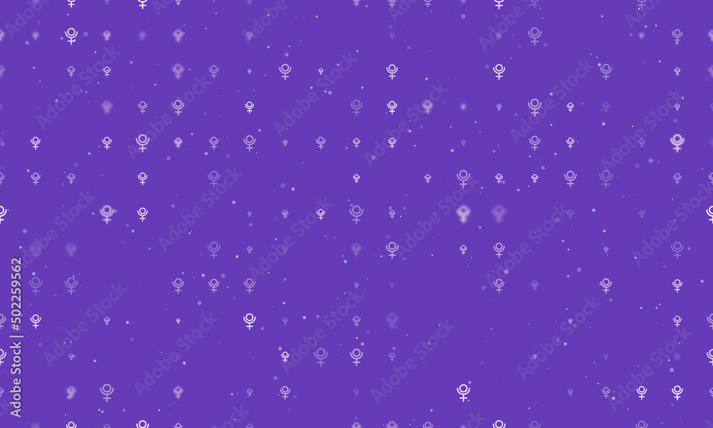 Seamless background pattern of evenly spaced white astrological pluto symbols of different sizes and opacity. Vector illustration on deep purple background with stars