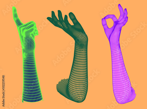 Set of 3D low-poly hand models made of polygonal wireframe. Collection of futuristic style illustrations.