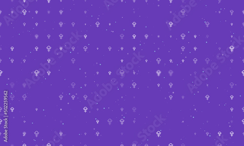 Seamless background pattern of evenly spaced white astrological pluto symbols of different sizes and opacity. Vector illustration on deep purple background with stars