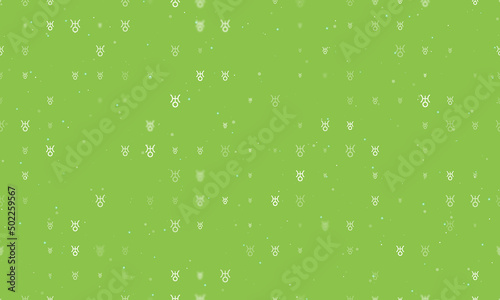 Seamless background pattern of evenly spaced white astrological uranus symbols of different sizes and opacity. Vector illustration on light green background with stars