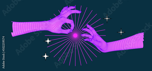 Set of 3D low-poly hand models made of polygonal wireframe. Collection of futuristic style illustrations.