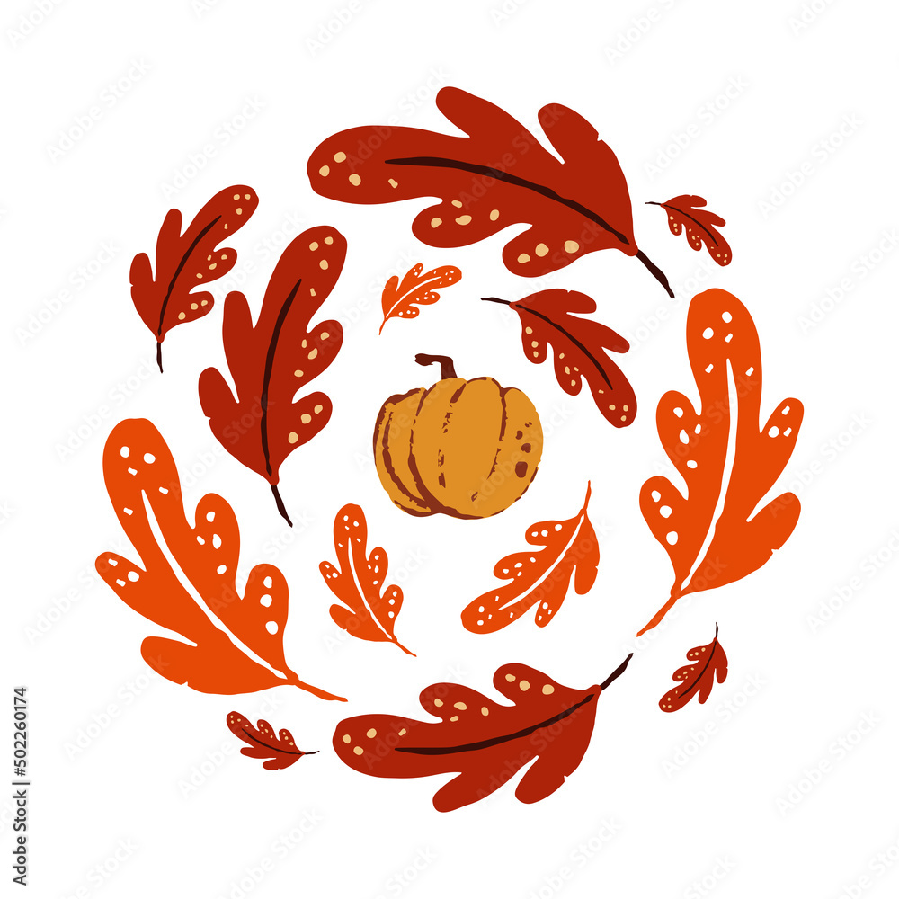Autumn design in flat style, natural fall elements. Hand-drawn pumpkin and orange leaves around. Isolated vector illustration on white background for postcards, textiles, websites and social media