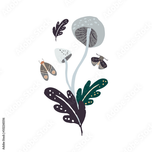Autumn design in flat style, natural fall elements. Hand-drawn mushrooms, moths, leaves. Isolated vector illustration on white background for postcards, textiles, websites and social media