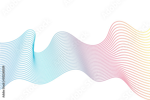 Pattern of abstract particle dots in colorful waves flowing on a white background for technology, music, science, digital