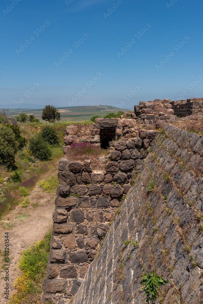 Ruins of moat around Belvoir Fortress, Kohav HaYarden National Park in Israel. Ruins of a Crusader castle.
