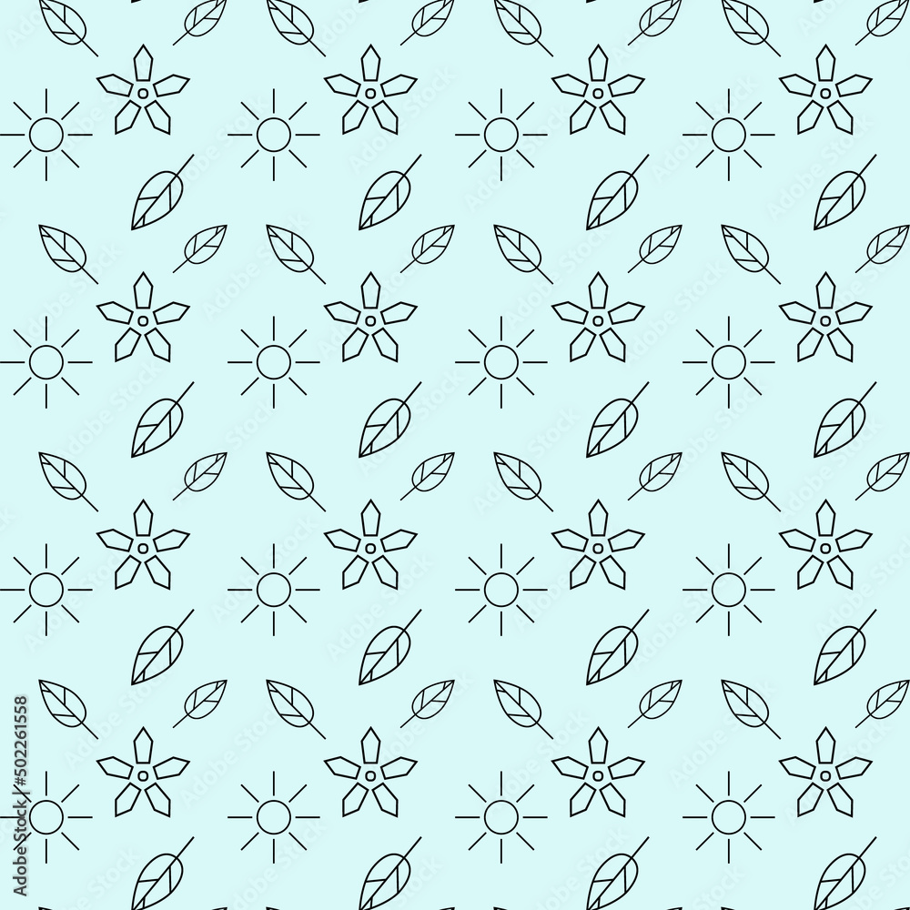 Fototapeta premium Seamless pattern with geometrical flowers, sun and leaves on the blue background. Simple shapes. Vector pattern for decorative paper, wrapping, textile and packaging.