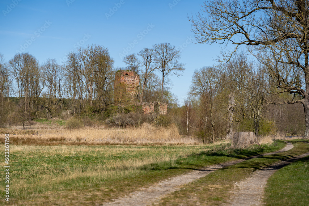 Rural scene with an old ruin from the Middle Ages in Germany. Rough walls of a small fort are in the landscape. Historic landmark in a rural area. Dirt road guiding to the ancient building.