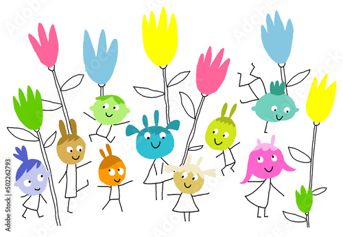 Smiling happy cartoony kids surrounded by colorful flowers illustration - vector  (ID: 502262793)