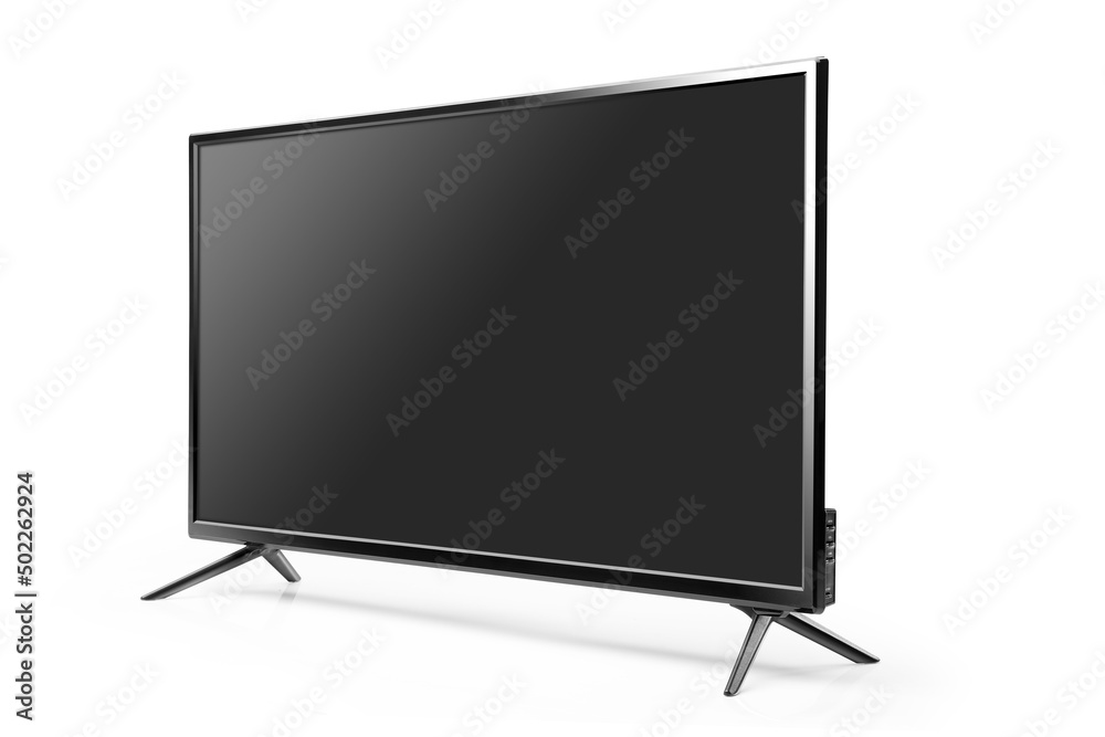 Black LED tv television screen blank isolated on white background - obrazy, fototapety, plakaty 