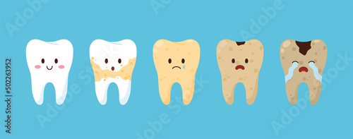 Happy clean and white tooth and sad yellow and dirty, flat vector illustration isolated on blue background.