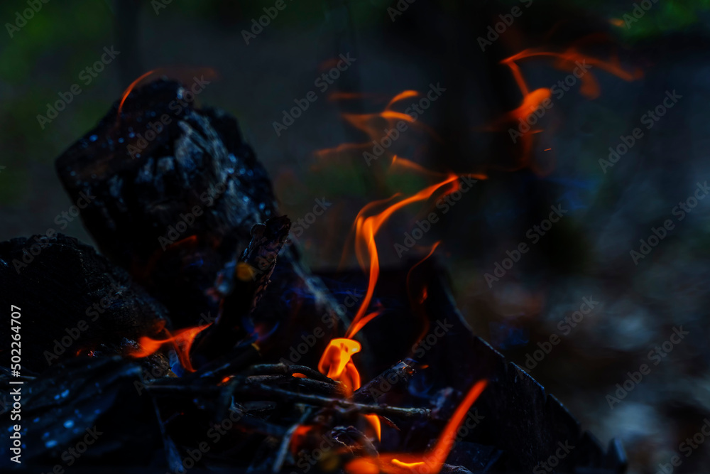 Fototapeta premium Burning fire in the grill with bright streaks of fire
