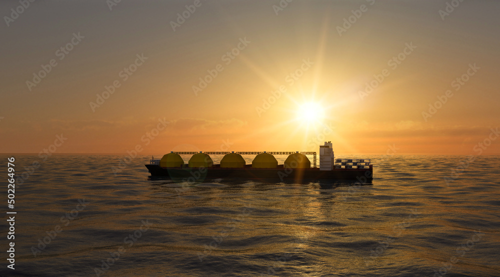 Floating regasification facility, regasification facility stationary in the sea. Sunset. 3d rendering
It is a process of converting liquefied natural gas temperature back to atmospheric temperature