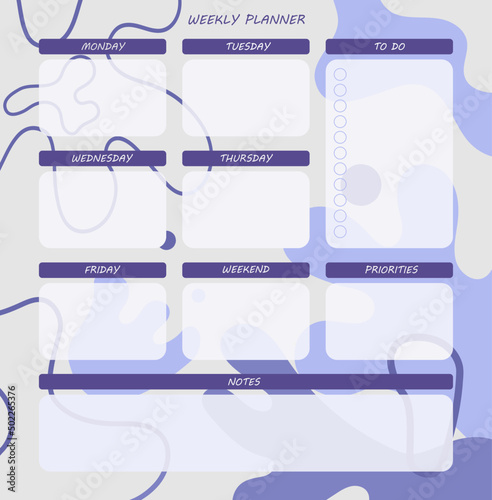 Weekly planner template. A planner for week organization of time with abstract background. Illustration hand-drawn. Very peri color. 