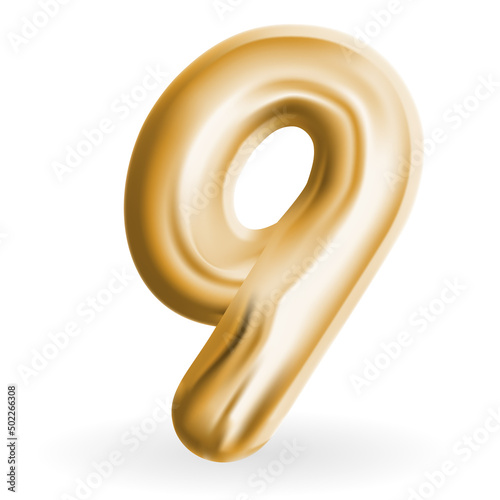 Golden Volumetric 3D Text Balloons Lettering 9 Isolated on White. Vector Illu...