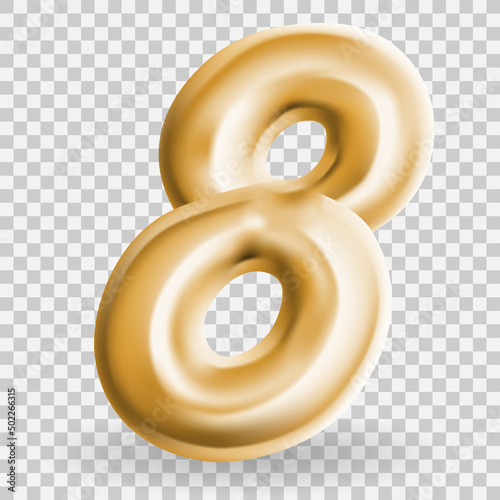 Golden Volumetric 3D Text Balloons Lettering 8 on Transparent Background. Vec...