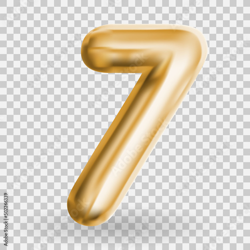 Golden Volumetric 3D Text Balloons Lettering 7 on Transparent Background. Vec...