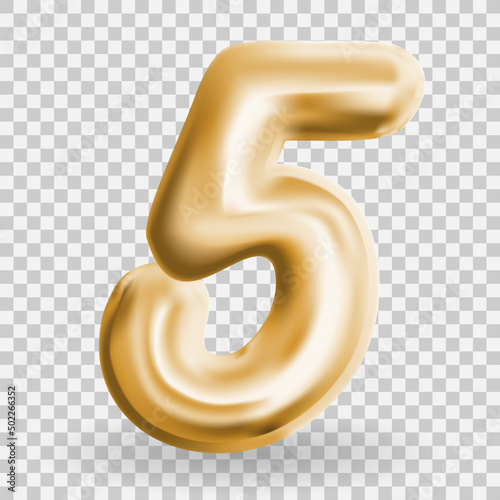 Golden Volumetric 3D Text Balloons Lettering 5 on Transparent Background. Vec...