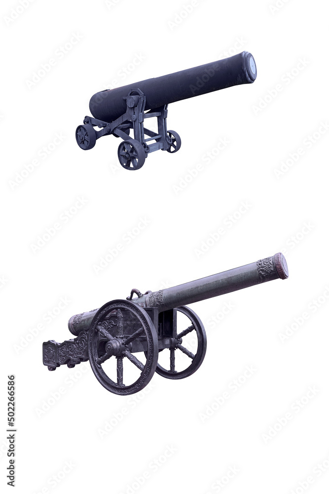 two ancient iron cannons on wheels isolated on white background