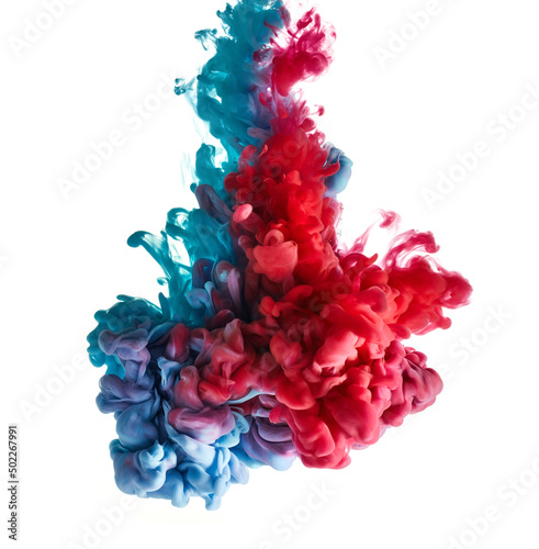Blue and red ink drop in water isolated on white background