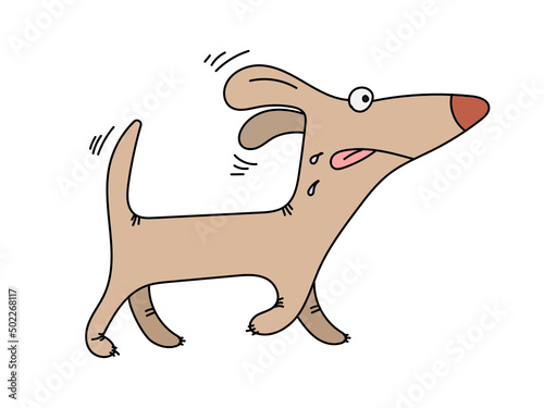 Funny dog runs with his tongue hanging out. Cartoon illustration.