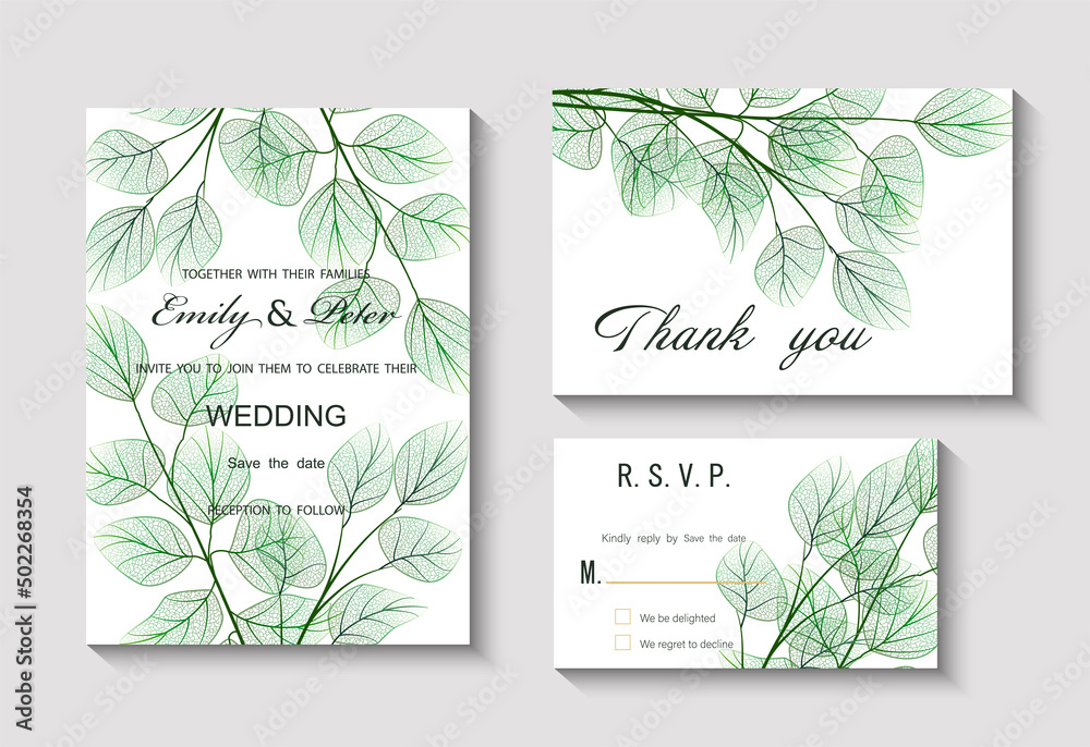 Wedding invitation with leaves eucalyptus,  isolated on white. Vector 