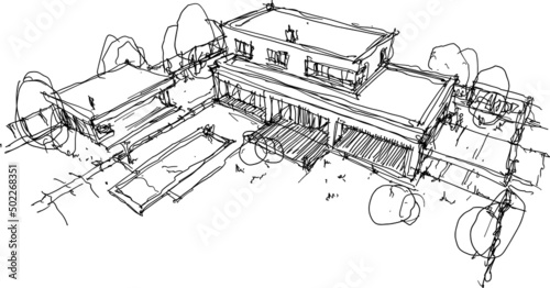 hand drawn architectural sketches of modern one story detached house with garden  and swimming pool and garden house