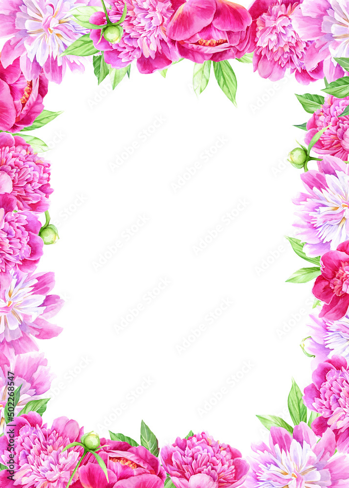 Watercolor frame of bright pink peonies. green leaves. Summer floral illustration for invitation, greeting card