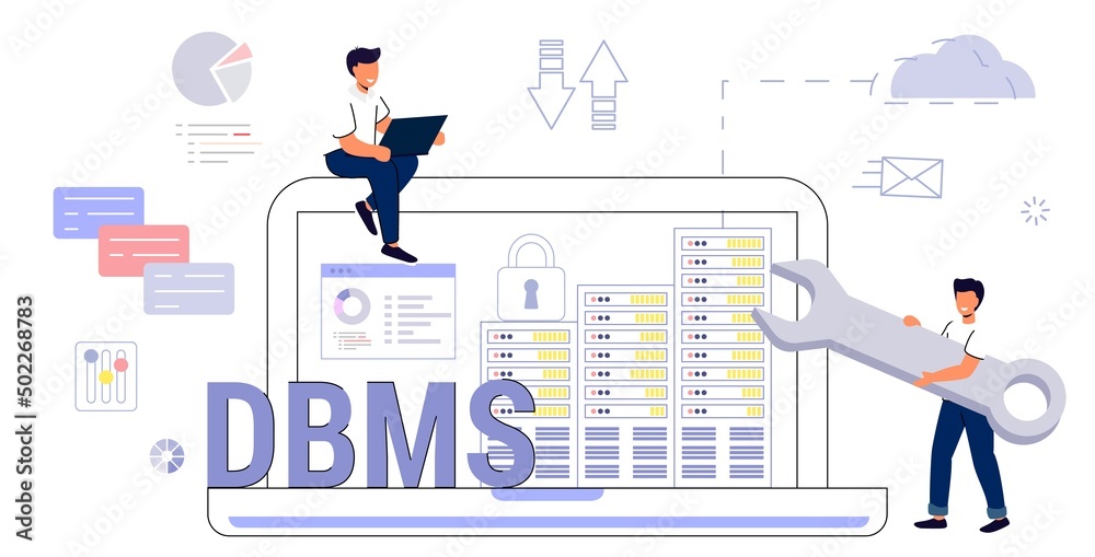 Database administrator DBMS software Data center Computer connection Hosting server Synchronize technology Application or website method to store, retrieve, and run queries Vector illustration Acronym Database administrator DBMS software Data center Computer connection Hosting server Synchronize technology Application or website method to store, retrieve, and run queries Vector illustration Acronym