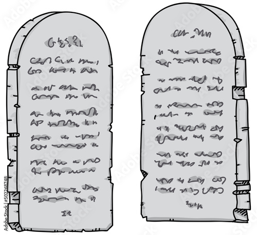 Two cartoon stone religious tablets inscribed with text containing ancient wisdom.