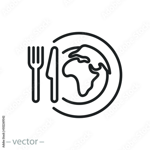 food on earth icon, globe and fork with knife, concept world hunger,  thin line symbol on white background - editable stroke vector illustration