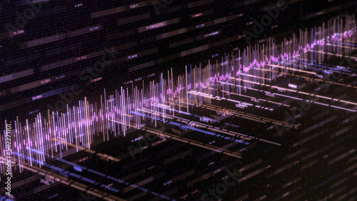 Abstract background with music track and numbers. Animation. Abstract color equalizer moves with numbers on black background. Computer equalizer matrix